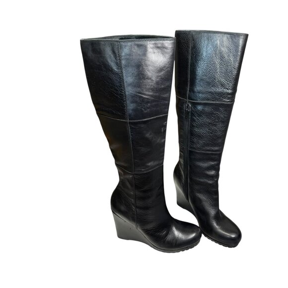 Aldo Black Leather Wedge Knee-High Boots | Size 39 EU / 8.5 US - Picture 1 of 13